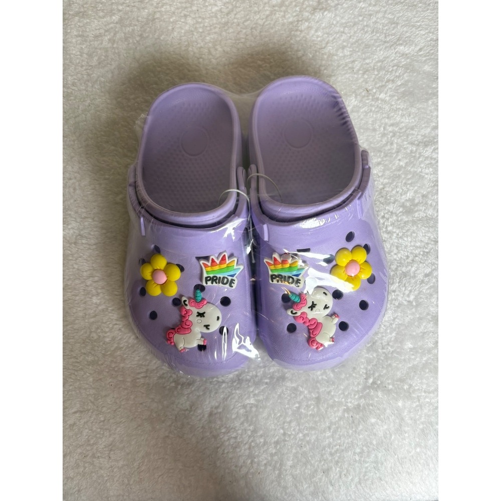 DDFOX Kids Purple Clogs Unicorn Pride Charms Slip On Water Shoes Size 1 NEW